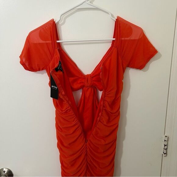 Privy | Orange mesh off shoulder ruched midi dress | medium - Picture 6 of 7